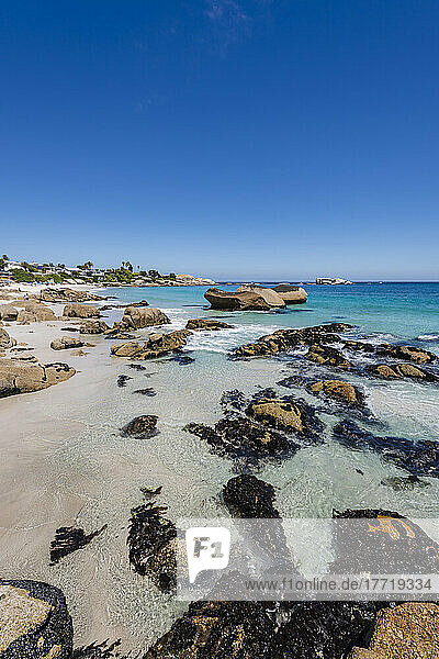 Rocky shore with large boulders and beachfront homes along the Atlantic Ocean at Clifton Beach; Cape Town  Western Cape  South Africa