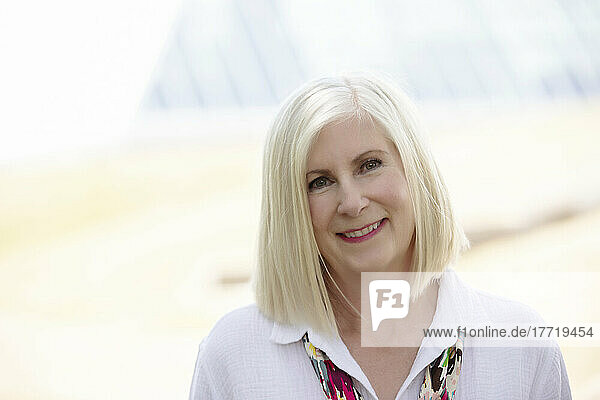 Close-up portrait of a mature woman with white hair; Edmonton  Alberta  Canada