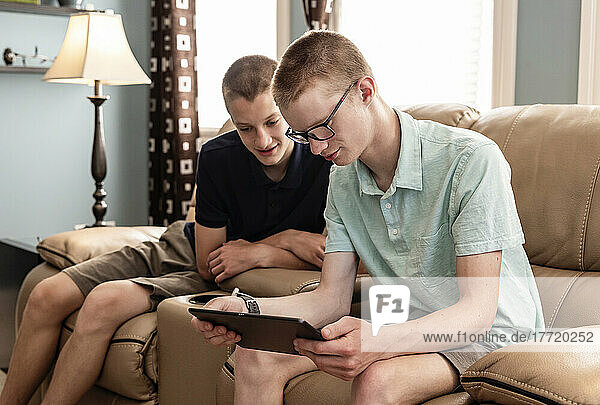 Junge erwachsene Brüder nutzen Tablet und Smartphone gemeinsam zu Hause; Edmonton  Alberta  Kanada