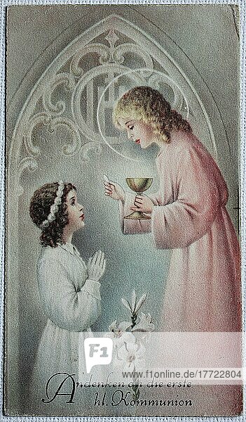 Religion  biblische Szene  Kommunionsbild  Engel segnet ein Mädchen  Historisch  digitale Reproduktion einer Originalvorlage aus dem 19. Jahrhundert