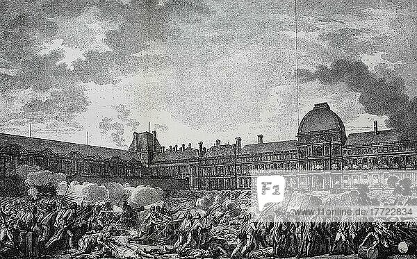 Sturm auf die Tuilerien  Tuileriensturm  10. August 1792 war ein Ereignis während des Aufstands in Paris während der Französischen Revolution  Historisch  digitale Reproduktion einer Originalvorlage aus dem 19. Jahrhundert