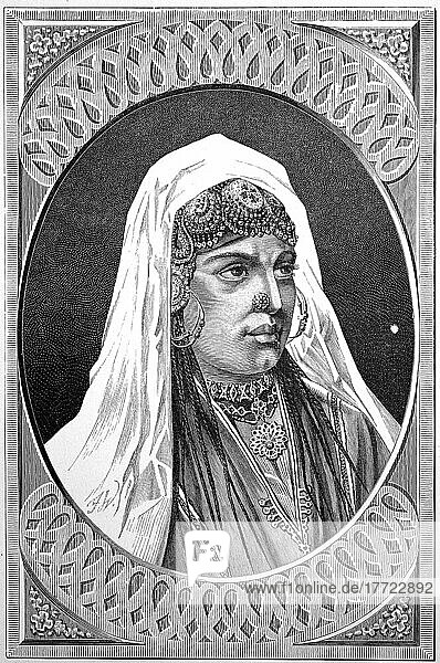 Frau aus Kaschmir im feierlichen Gewand  ca 1850  Historisch  digital restaurierte Reproduktion einer Vorlage aus dem 19. Jahrhundert