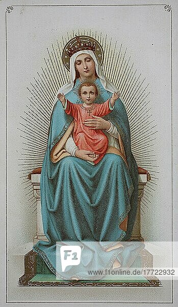 Religion  biblische Szene  Heiligenbild  Jungfrau Maria mit Jesuskind  Historisch  digitale Reproduktion einer Originalvorlage aus dem 19. Jahrhundert
