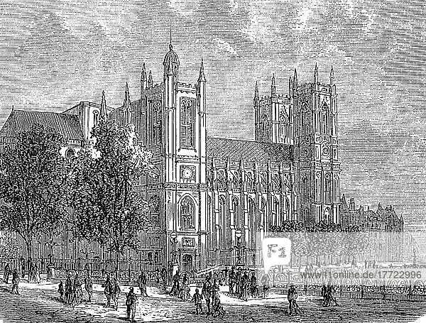 Westminster Abbey  Abbey of Westminster  in London in 1870  England  Great Britain  Historic  digitally restored reproduction of a 19th century original  exact original date unknown