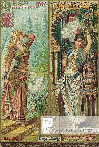 Serie Trachten und Kostüme aus der Oper  Oper Lohengrin  Elsa  und orientalische Tracht  Fatme  digital restaurierte Reproduktion eines Liebig Sammelbildes von ca 1900