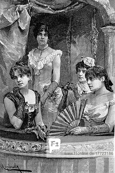 Elegant Ladies in the Box of the Theatre in Montevideo  Uruguay  Historic  digitally restored reproduction of a 19th century original  exact date unknown  South America