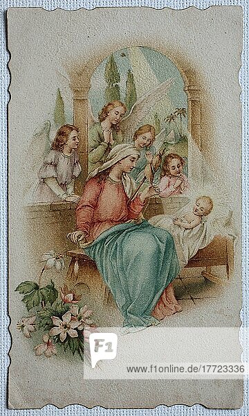 Religion  biblische Szene  Heiligenbild  Maria mit dem Jesuskind umgeben von Engeln  Historisch  digitale Reproduktion einer Originalvorlage aus dem 19. Jahrhundert