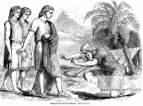 Abraham und die drei Männer  Hütte  Zelt  knieen  Erde  Palme  Moses  Bibel  Altes Testament  Erste Buch Mose  Kapitel 18  Vers 2  historische Illustration 1850