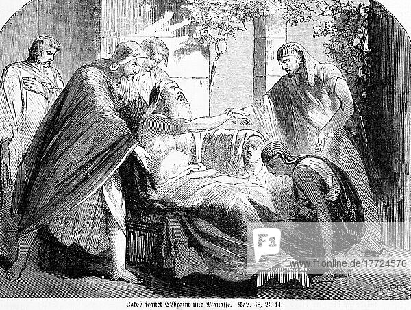 Jacob blesses Ephraim and Manasseh  Manasses  Manasseh  bless  firstborn  brothers  couch  robes  outdoor  hand  light  Bible  Old Testament  First Book of Moses  Chapter 48  Verse 14  Historical illustration 1850