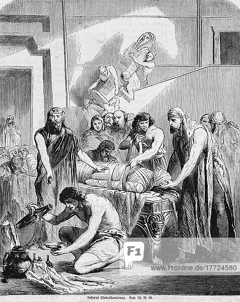 Joseph's embalming  Egypt  die  oil  anoint  ark  jar  flask  watering  many people  embalming  mummy  craft  Bible  Old Testament  First Book of Moses  Chapter 50  Verse 26  historical illustration 1850  Africa