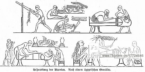 Behandlung der Mumien  Ägypten  Handwerk  Werkzeug  Säge  Tod  Bestattung  einbalsamieren  soziale Oberschicht  Bibel  Altes Testament  Erste Buch Mose  Kapitel 50  Vers 2  historische Illustration 1850  Afrika