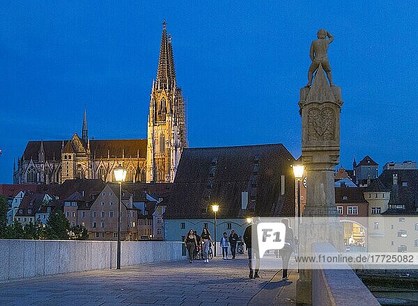 Auf der Steinernen Brücke  Blick auf Altstadt und Dom  Blaue Stunde  Regensburg