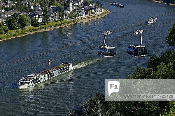 View of the Rhine from Ehrenbreitstein Fortress with cargo ship and Rhine cable car  Koblenz  Rhineland-Palatinate  Germany  Europe