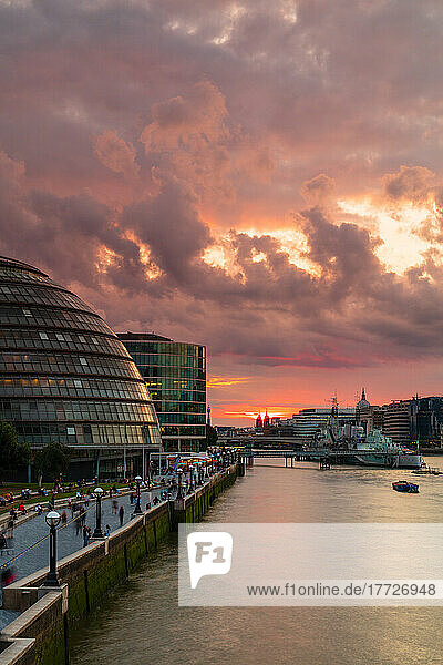 HMS Belfast and More London Place at sunset  London  England  United Kingdom  Europe