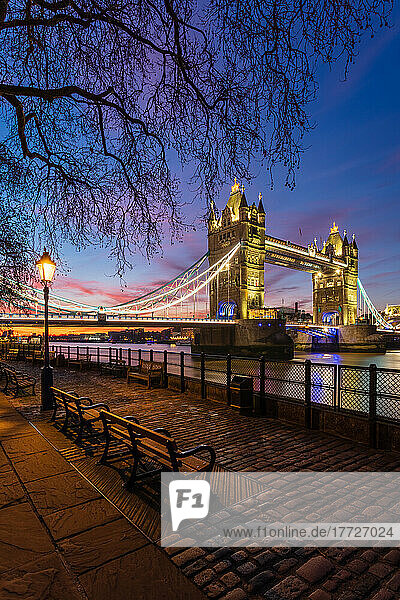 Sunrise view of Tower Bridge from Tower Wharf  Tower of London  London  England  United Kingdom  Europe