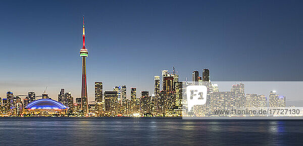 Toronto skyline featuring the CN Tower at night across Lake Ontario  Toronto  Ontario  Canada  North America
