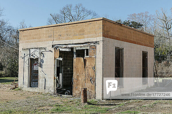 Abandoned rural gas station building.
