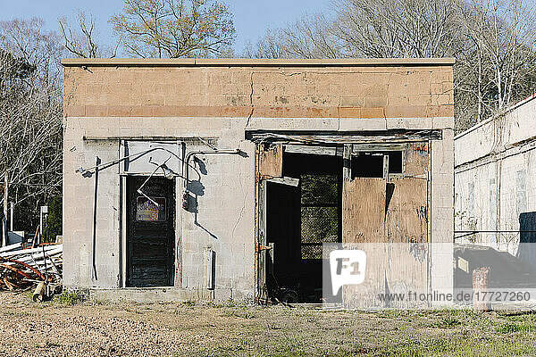 Abandoned rural gas station building.