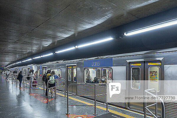 Interior of a metro station on the city subway  Sao Paulo  Brazil  South America