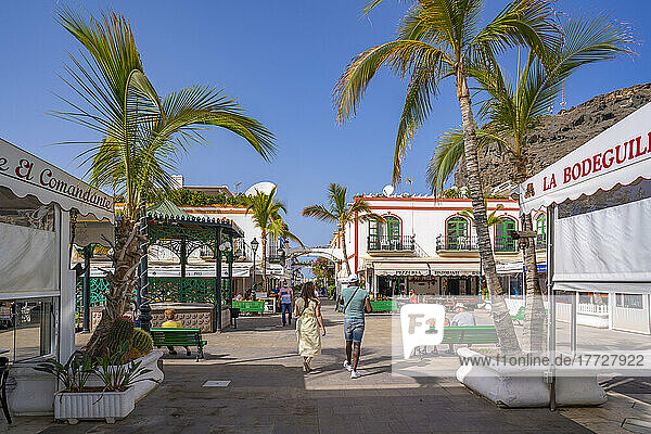 View of cafes and shops along the promenade in the old town  Puerto de Mogan  Gran Canaria  Canary Islands  Spain  Atlantic  Europe