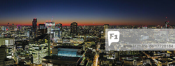 Panoramic aerial view of London skyline at dusk  including St. Paul's Cathedral and West London  England  United Kingdom  Europe