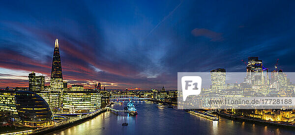 Panoramic view of River Thames  The Shard  City of London and London Bridge at sunset  London  England  United Kingdom  Europe