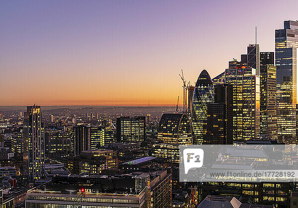 Aerial view of London skyline at sunset  including City of London skyscrapers  London  England  United Kingdom  Europe