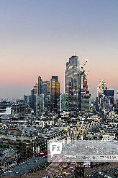 Aerial view of London City skyline at sunset taken from St. Paul's Cathedral  London  England  United Kingdom  Europe