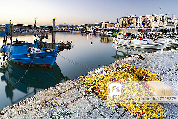 Fishing boats moored in the old Venetian port  Rethymno  Crete island  Greek Islands  Greece  Europe