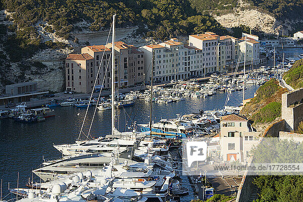 High angle view over the harbour from citadel  luxury yachts moored at quayside  Bonifacio  Corse-du-Sud  Corsica  France  Mediterranean  Europe