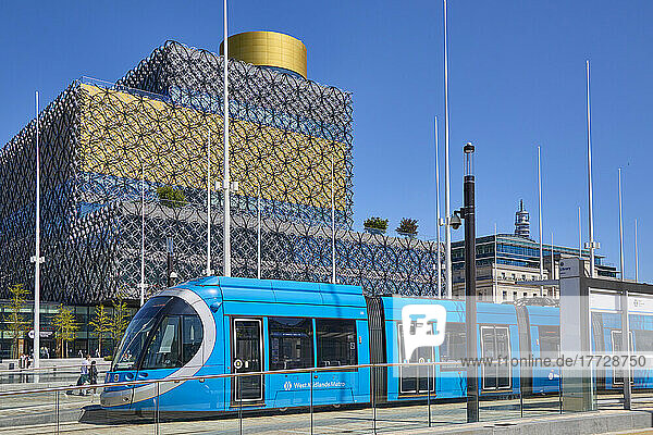 Tram in front of Library  Centenary Square  Birmingham  West Midlands  England  United Kingdom  Europe
