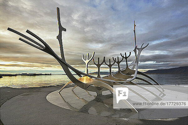 An evening view of the Suncraft sculpture on the seafront at Reykjavik  Iceland  Polar Regions