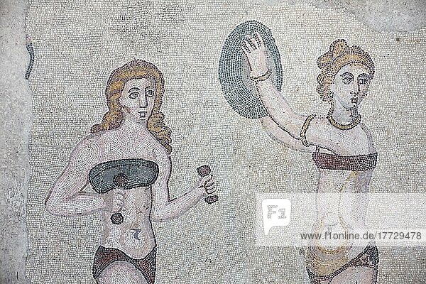 Mosaic of female gymnasts  The Roman Villa del Casale (Villa Romana del Casale)  UNESCO World Heritage Site  Piazza Armerina  Enna  Sicily  Italy  Europe