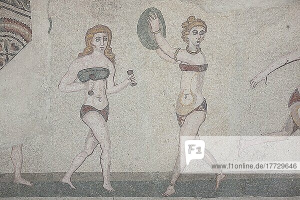 Mosaics of female gymnasts  The Roman Villa del Casale (Villa Romana del Casale)  UNESCO World Heritage Site  Piazza Armerina  Enna  Sicily  Italy  Europe