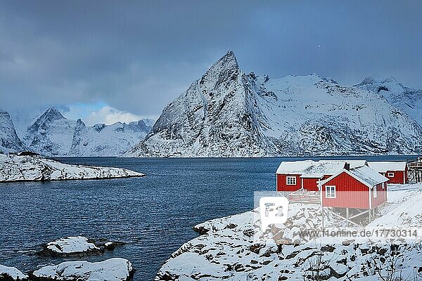 Das ikonische Fischerdorf Hamnoy auf den Lofoten  Norwegen  mit seinen roten Rorbu-Häusern. Mit fallendem Schnee im Winter  Europa
