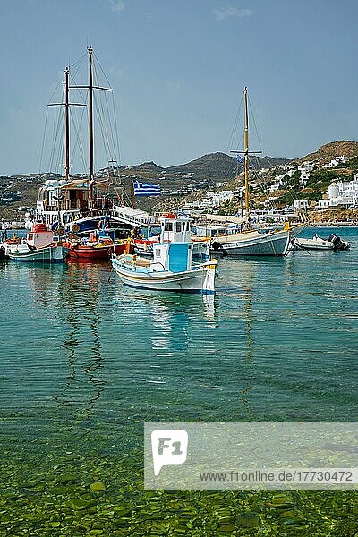 Hafen von Mykonos mit Fischerbooten  Yachten und Schiffen. Insel Mykonos  Griechenland  Europa