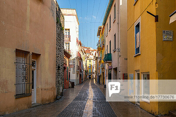 Traditional village street with colorful houses  Collioure  Pyrenees Orientales  France  Europe