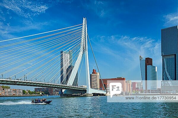 Stadtbild von Rotterdam mit Kreuzfahrtschiff und Erasmusbrücke. Niederlande