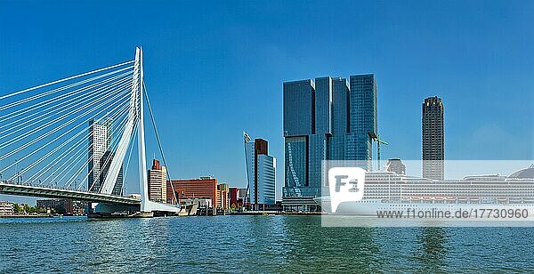Panorama der Stadt Rotterdam mit Kreuzfahrtschiff und Erasmusbrücke. Niederlande