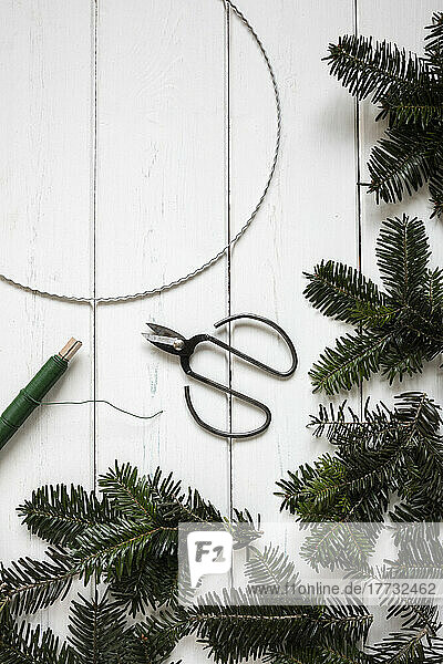 Making of wreath with wire  thread and spruce twigs