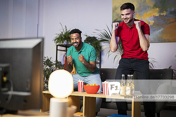 Happy men gesturing fists watching soccer match at home