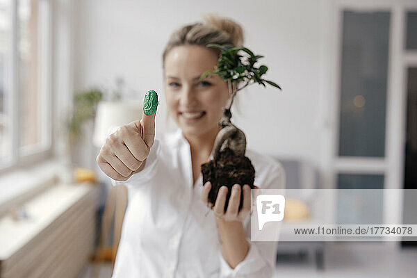 Glückliche Geschäftsfrau hält Pflanze und zeigt grünen Daumen im Büro