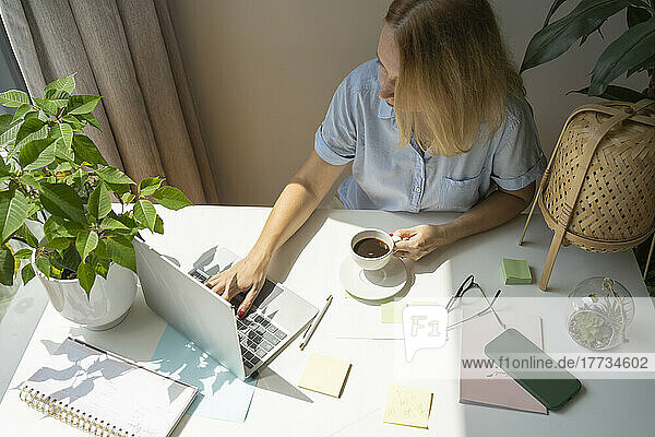 Freelancer holding coffee cup using laptop sitting a desk in home office