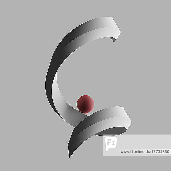 Three dimensional render of red sphere balancing on letter C