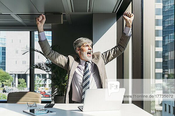 Glücklicher Geschäftsmann feiert Erfolg am Schreibtisch im Büro