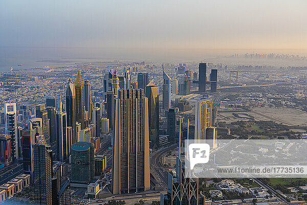 United Arab Emirates  Dubai  Tall downtown skyscrapers at dawn