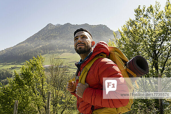 Lächelnder Wanderer mit Rucksack steht an einem sonnigen Tag vor einem Baum