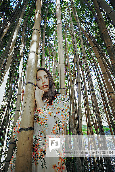 Contemplative young woman standing in bamboo grove