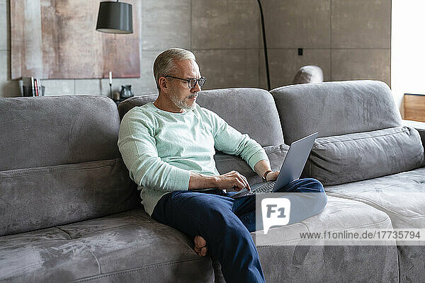 Businessman using laptop sitting on sofa in living room at home