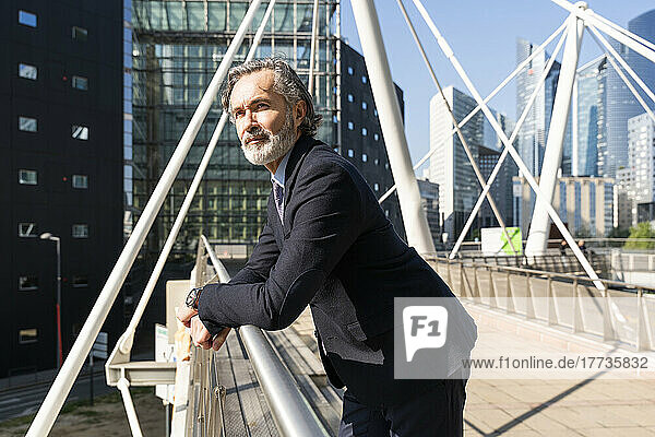 Mature businessman with beard leaning on railing